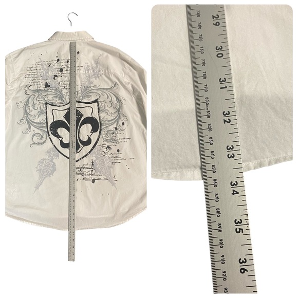 Marq 75 Shirt Men’s 3 XL White Velvet Embroidered Studded Graphic Y2K Button Up - Picture 10 of 16